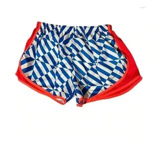 Nike Womens Dri-Fit Tempo Running Shorts M Blue/White Geometric Print & Red Trim